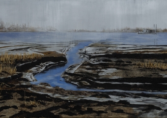  Antropocene IX , 70x120cm ,  Asphalt, Coal, Reed and Oil on Canvas 